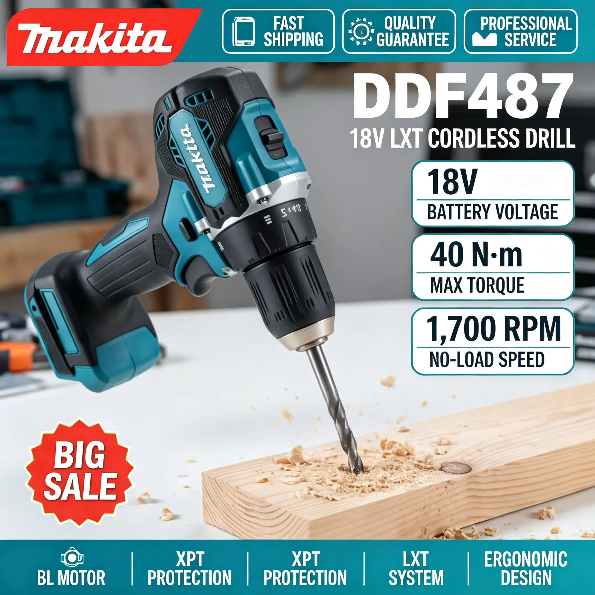 Brushless Cordless Electric Drill 18V - Perceuse sans fil Makita DDF487 18V,